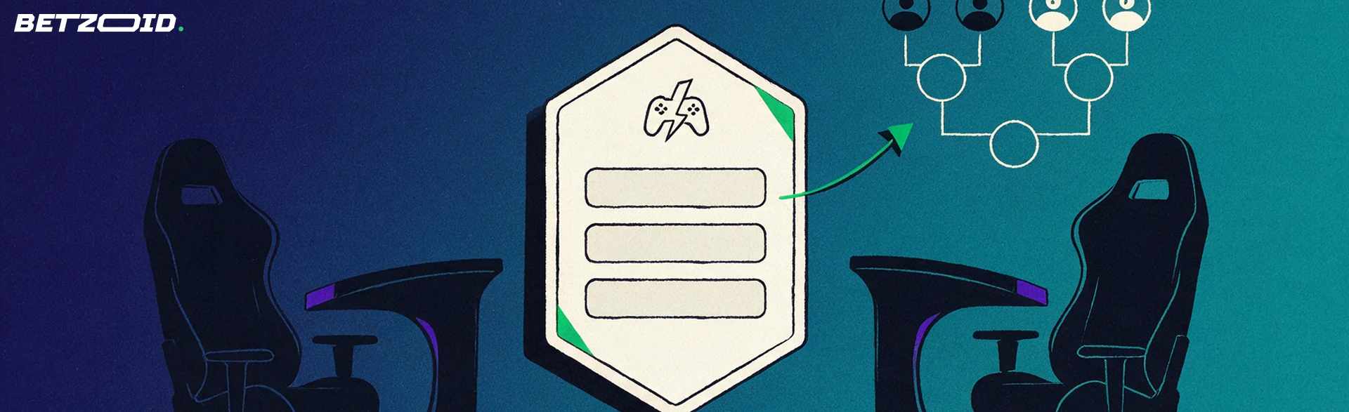 Ilustracja dwóch stanowisk gamingowych z kuponem zakładowym i symbolem e-sportu oraz drabinką turniejową