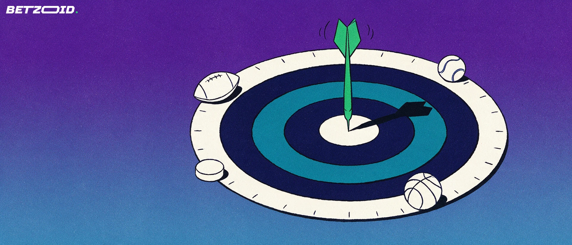 Illustrazione di un bersaglio circolare colpito al centro da una freccetta verde, con piccole sagome di palloni e disco da hockey sul bordo