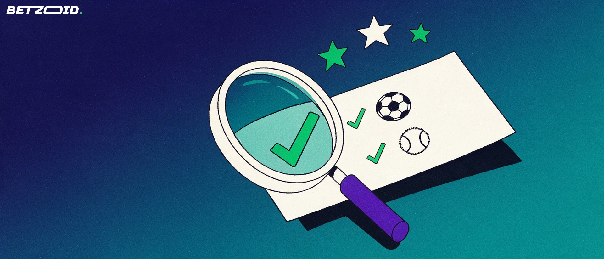 Ilustracja dużej lupy powiększającej kupon bukmacherski z symbolami sportów i zielonymi znaczkami, obok trzy gwiazdki oceny.