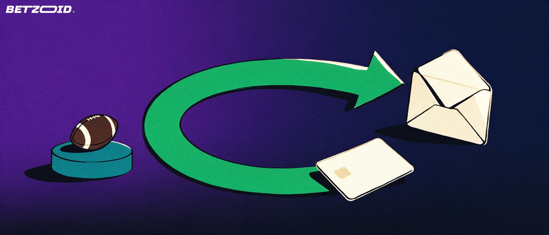 Illustrazione di una carta di pagamento che segue una freccia circolare verso un portafoglio, accanto a un pallone da calcio su un piedistallo