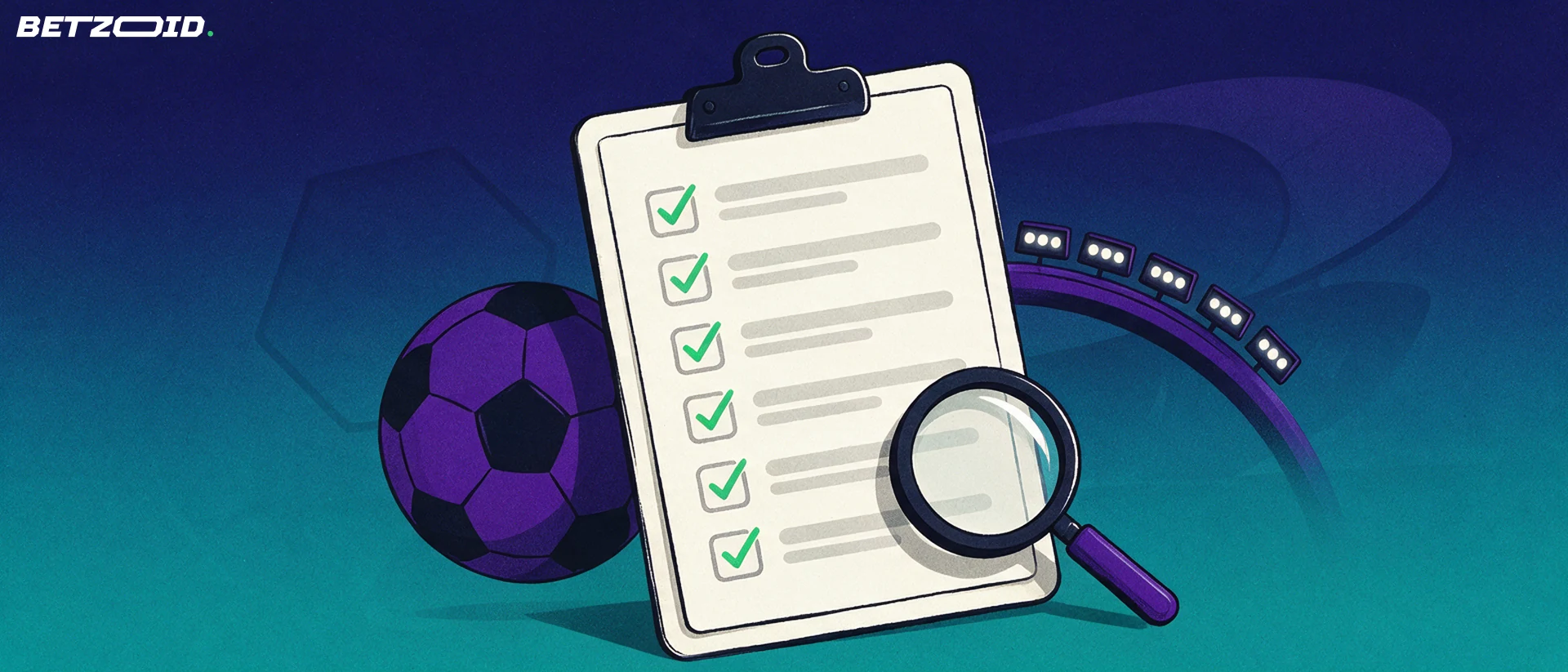 Illustrazione di una scheda di valutazione con segni di spunta verdi, una lente d'ingrandimento e un pallone da calcio stilizzato su fondo blu notte.