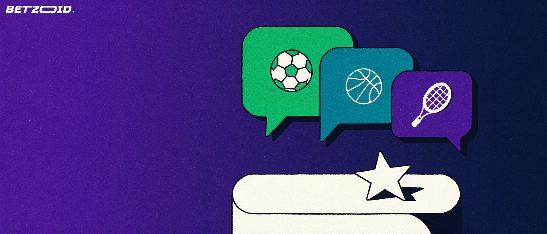 Ilustracja trzech dymków z symbolami sportów unoszących się nad cokołem z pojedynczą gwiazdką oceny.