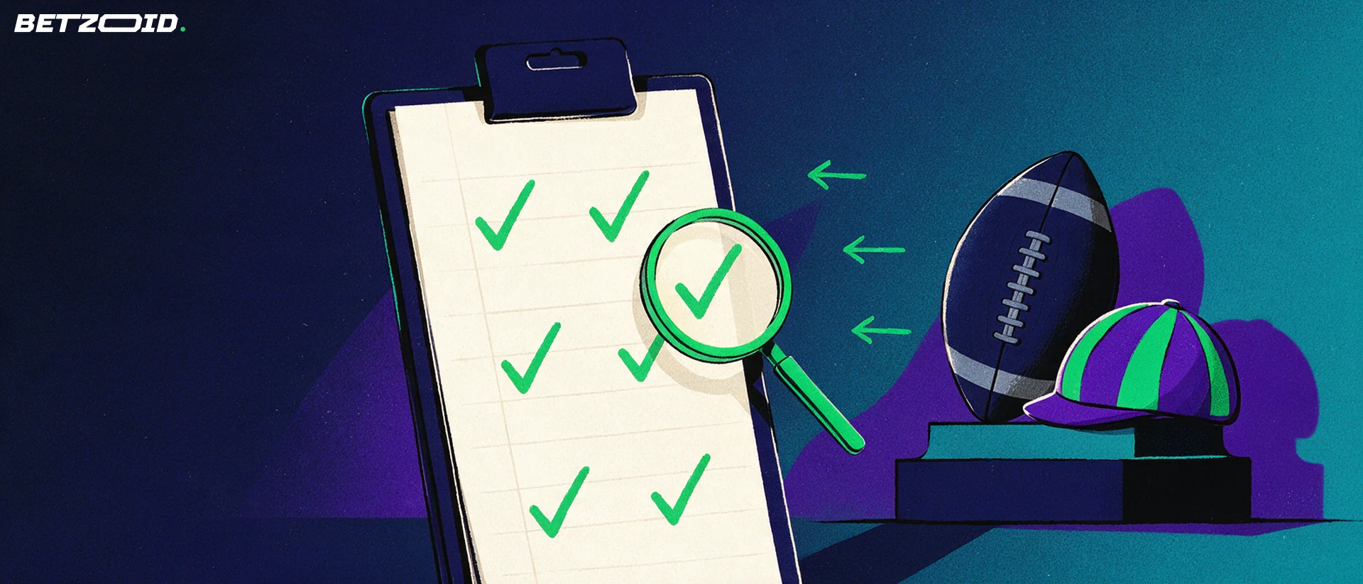 Illustration of a magnifying glass over a checklist board next to a football and a jockey cap on a plinth
