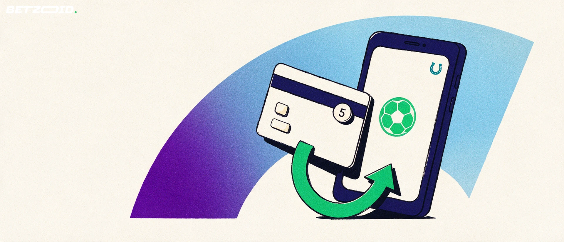 Illustration of a bank card and a phone showing sport symbols linked by a circular arrow, with a small badge reading 5