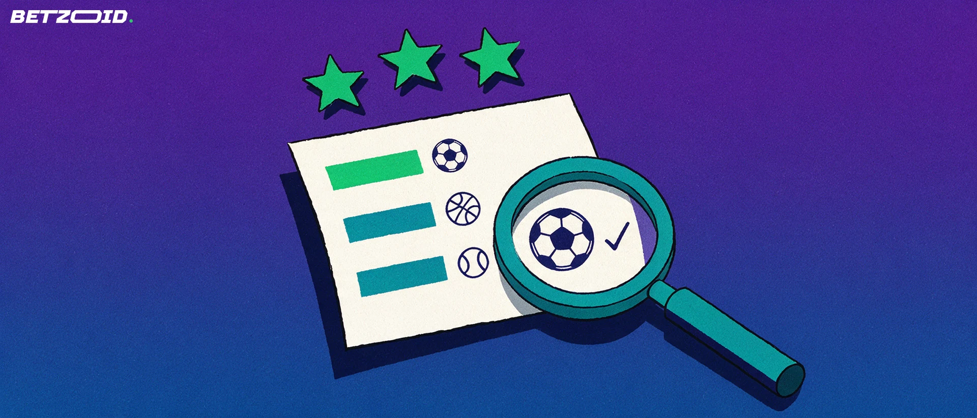 Ilustracja kuponu bukmacherskiego z symbolami sportów, dużą lupą i trzema gwiazdkami jako oceną.
