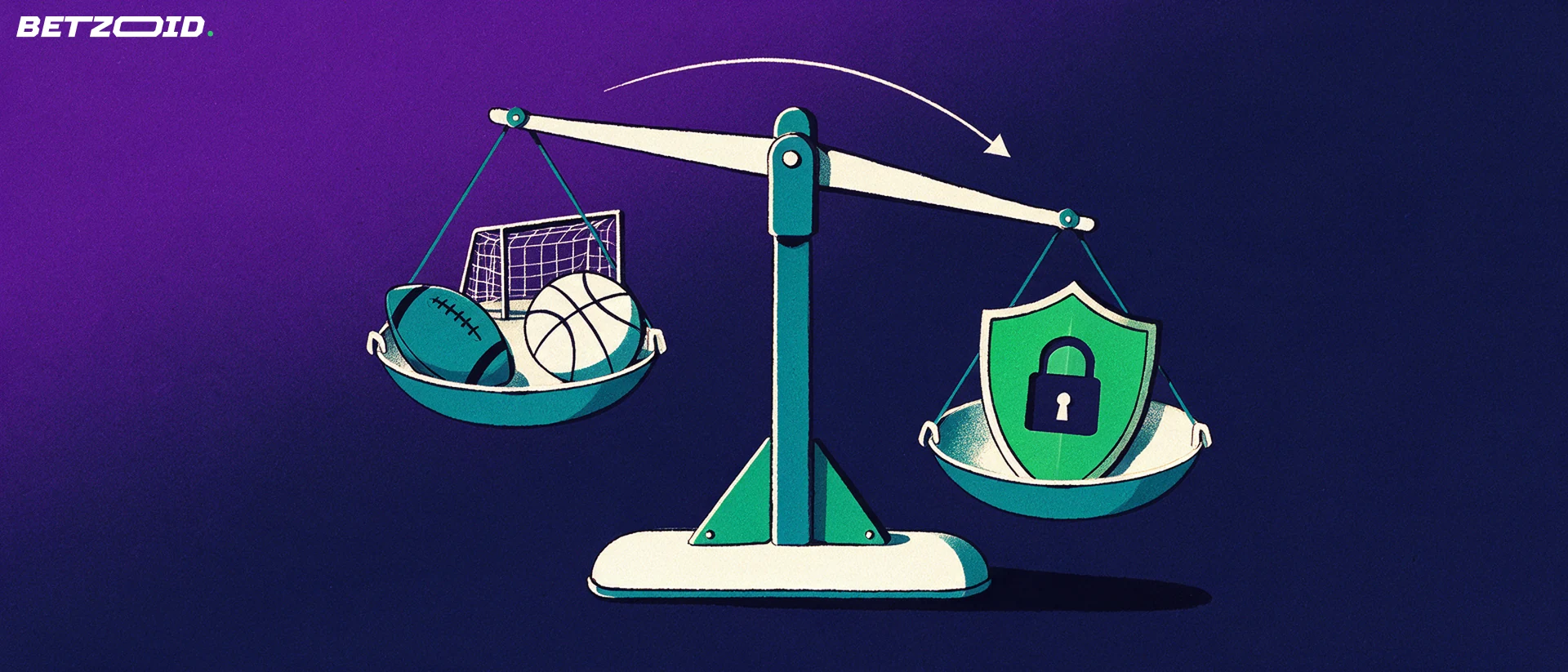 Ilustracja wagi szalkowej: na jednej szalce symbole sportowe, na drugiej zielona tarcza z kłódką, jako porównanie oferty i bezpieczeństwa.