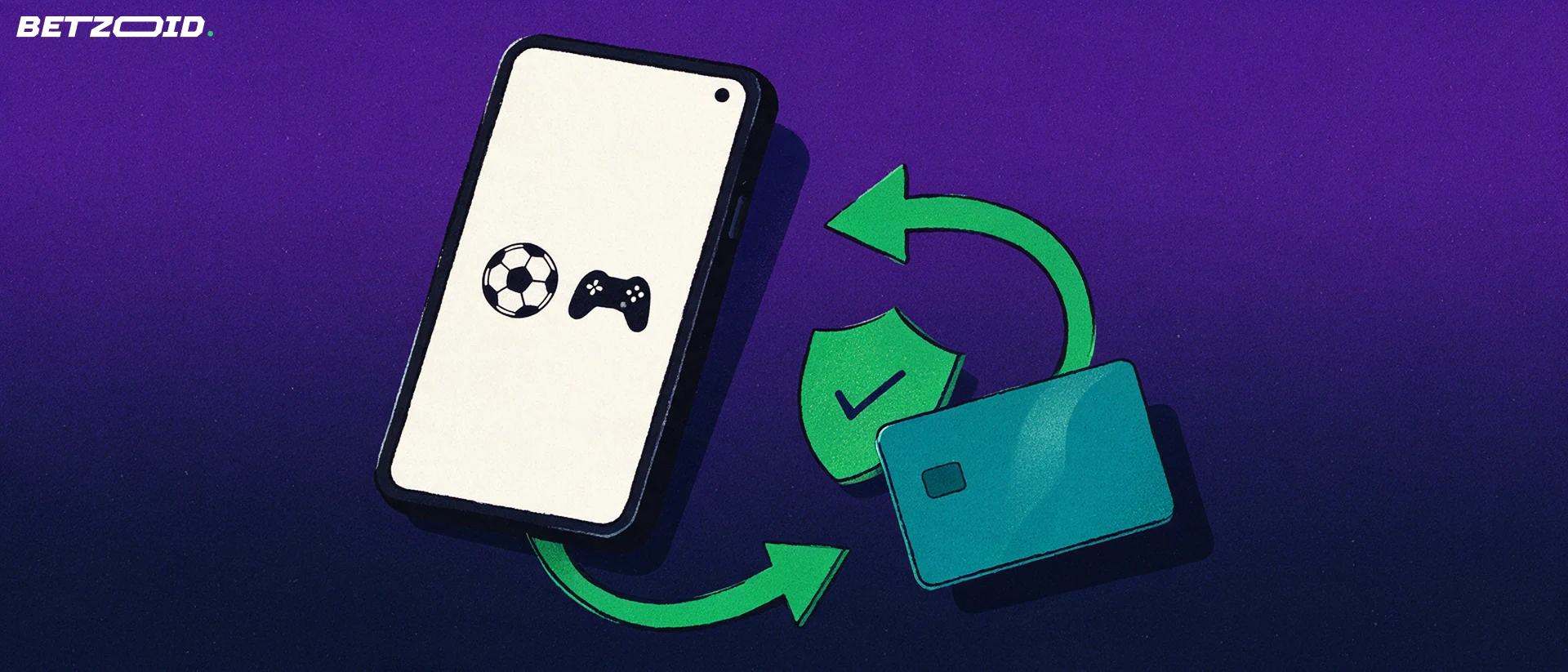 Ilustracja: smartfon z ikonami piłki i kontrolera, karta płatnicza oraz dwie strzałki tworzące obieg wpłat i wypłat, w tle tarcza z haczykiem.
