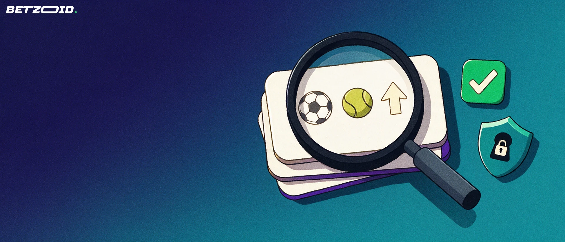 Ilustración de una lupa que amplía un boleto de apuestas con íconos de fútbol y tenis, junto a un escudo con candado y una marca de verificación.