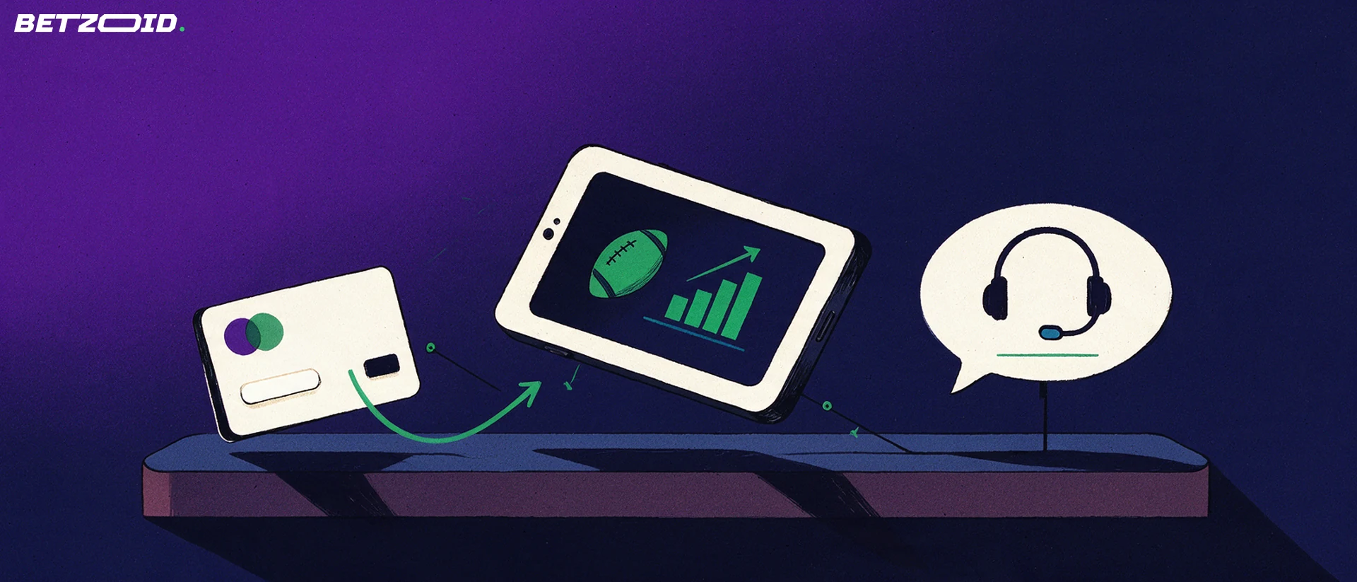 Ilustración de un teléfono con íconos deportivos conectado por flechas a una tarjeta de pago y a una burbuja de diálogo con auriculares de atención al cliente.