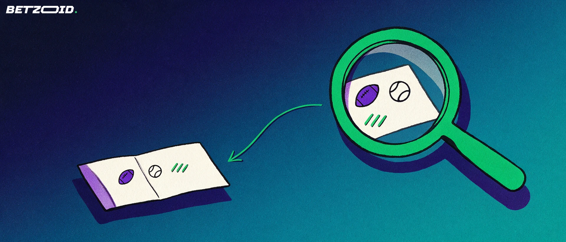 Ilustración de una gran lupa que examina un boleto de apuestas con símbolos de fútbol y tenis sobre fondo azul y verde.