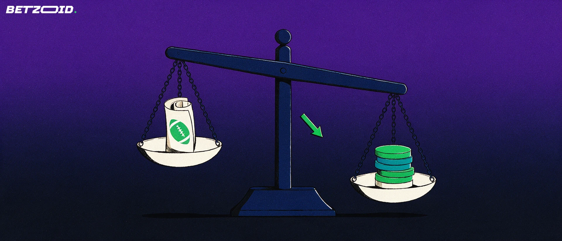 Ilustración de una balanza que compara un boleto de apuestas con fútbol y una pila de fichas verdes.