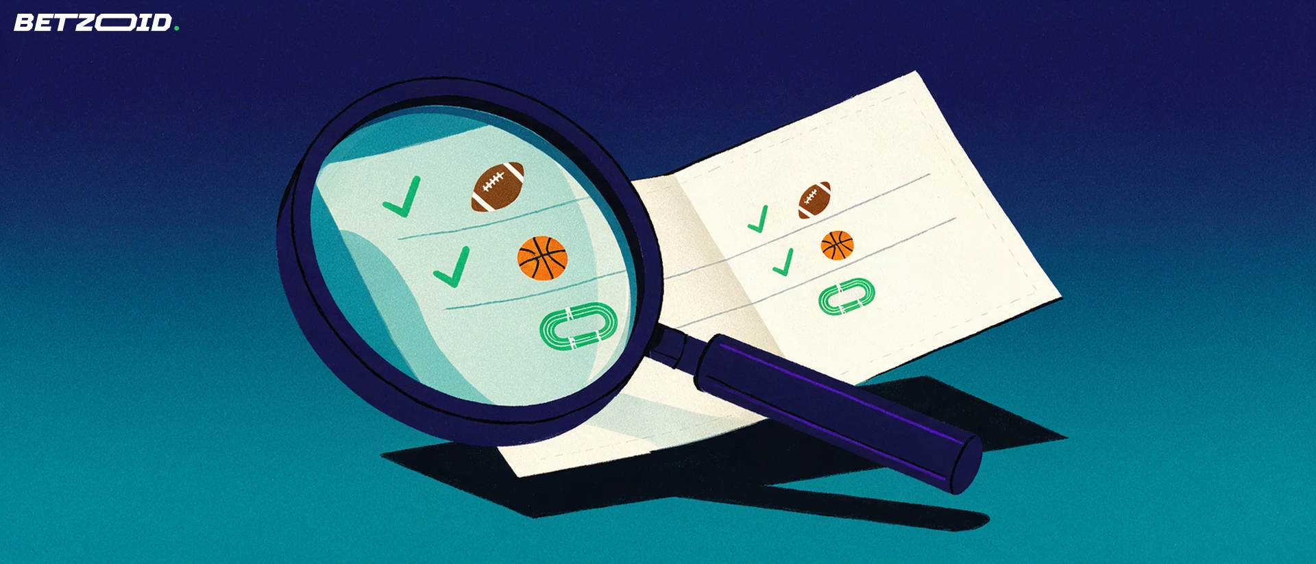 Ilustración de una lupa grande que amplía un boletín de apuestas con casillas marcadas e iconos de fútbol y baloncesto.
