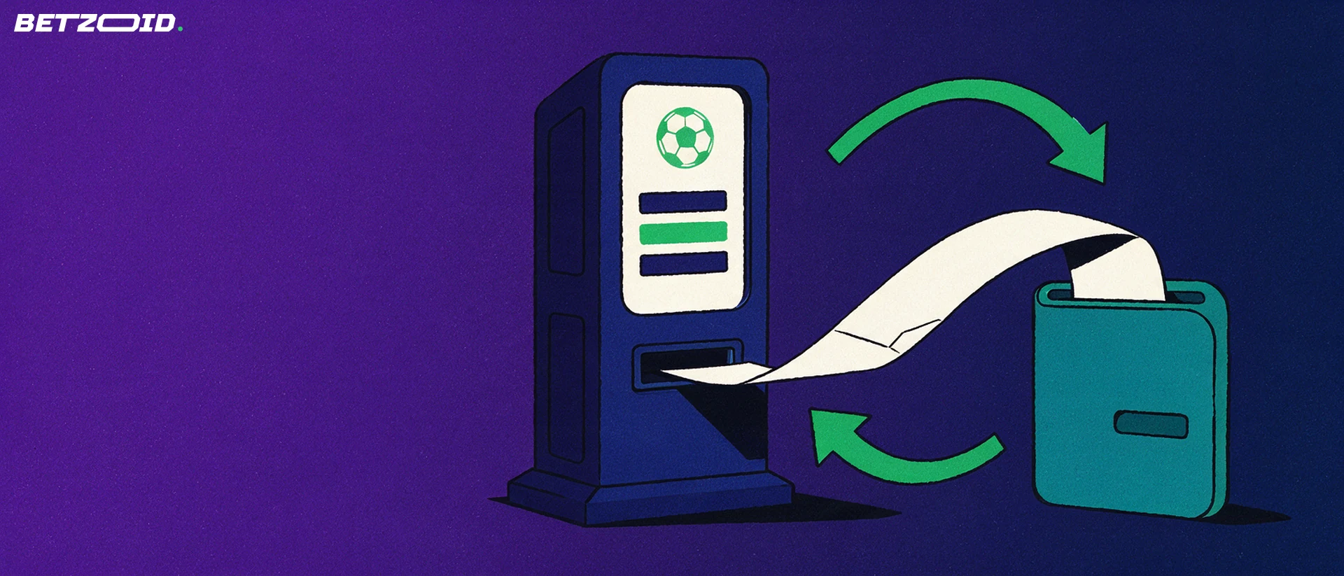 Illustrazione di un terminale per scommesse sportive con una lunga schedina stampata che si srotola verso un portafoglio, collegati da frecce circolari verdi.