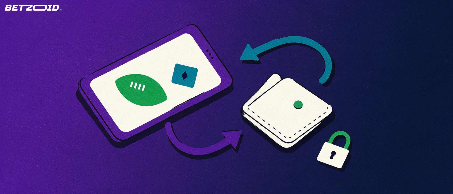 Ilustración de un teléfono con símbolos de fútbol y naipe conectado por flechas curvas a una billetera con candado.