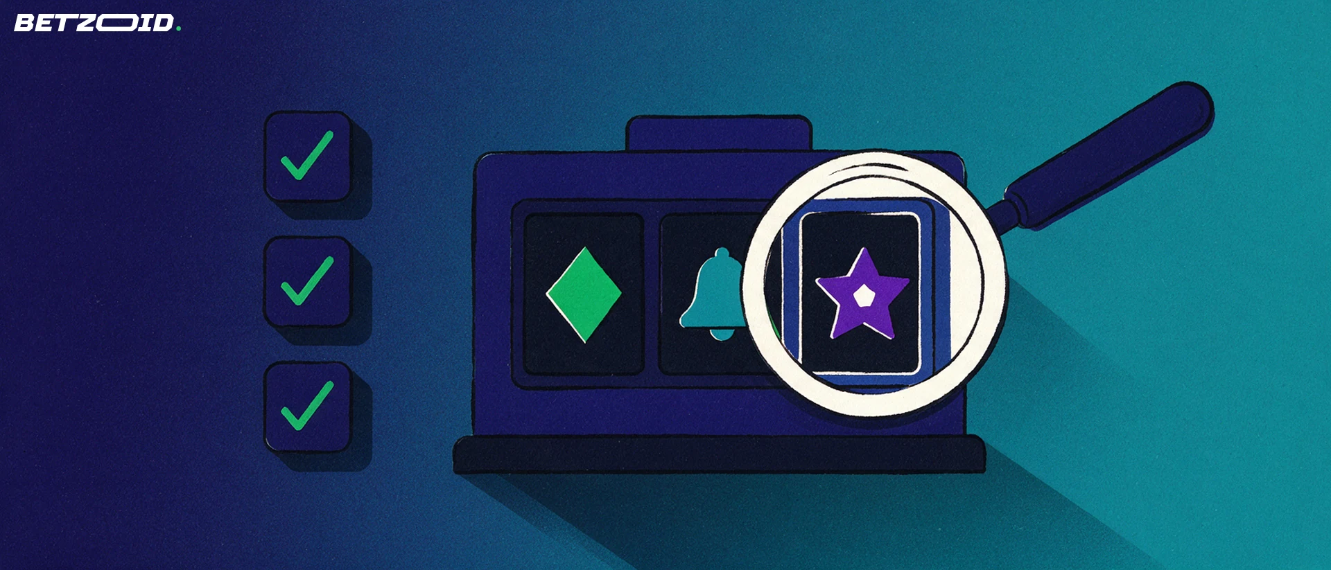 Ilustración de una lupa sobre los rodillos de una máquina de casino con símbolos simples y tres marcas de verificación al costado.