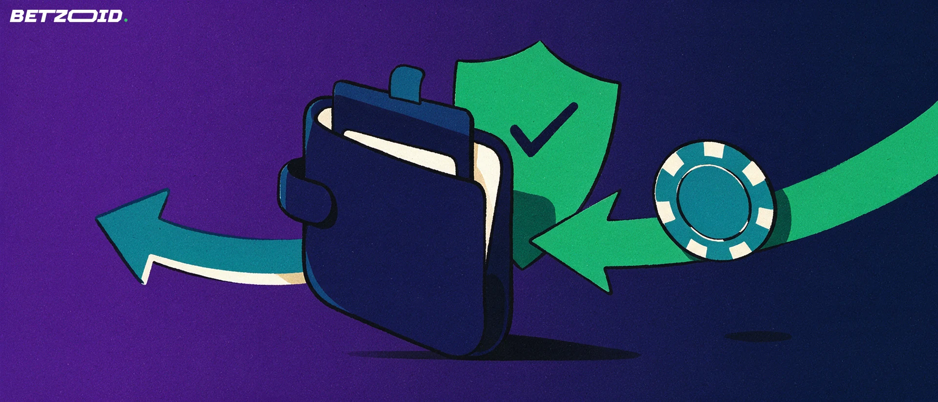 Ilustración de una billetera con una ficha de casino que entra por una flecha verde y otra flecha que sale, junto a un escudo con una marca de verificación.