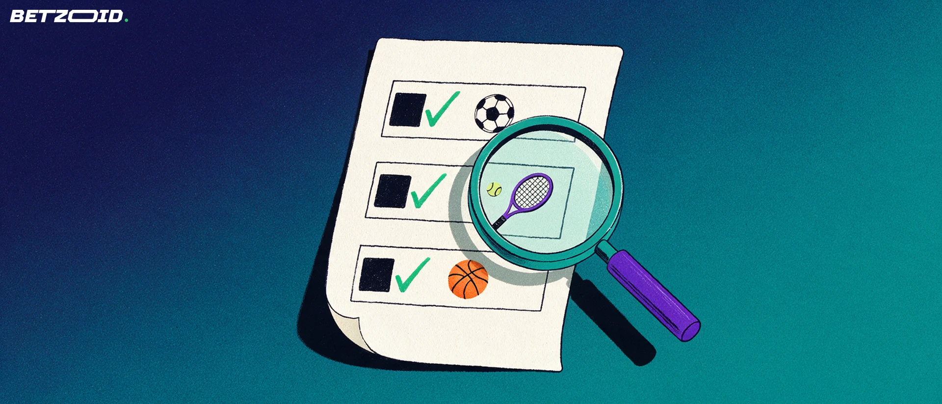 Ilustración de un boleto de apuestas deportivas con símbolos de fútbol, tenis y básquet, revisado con una lupa.