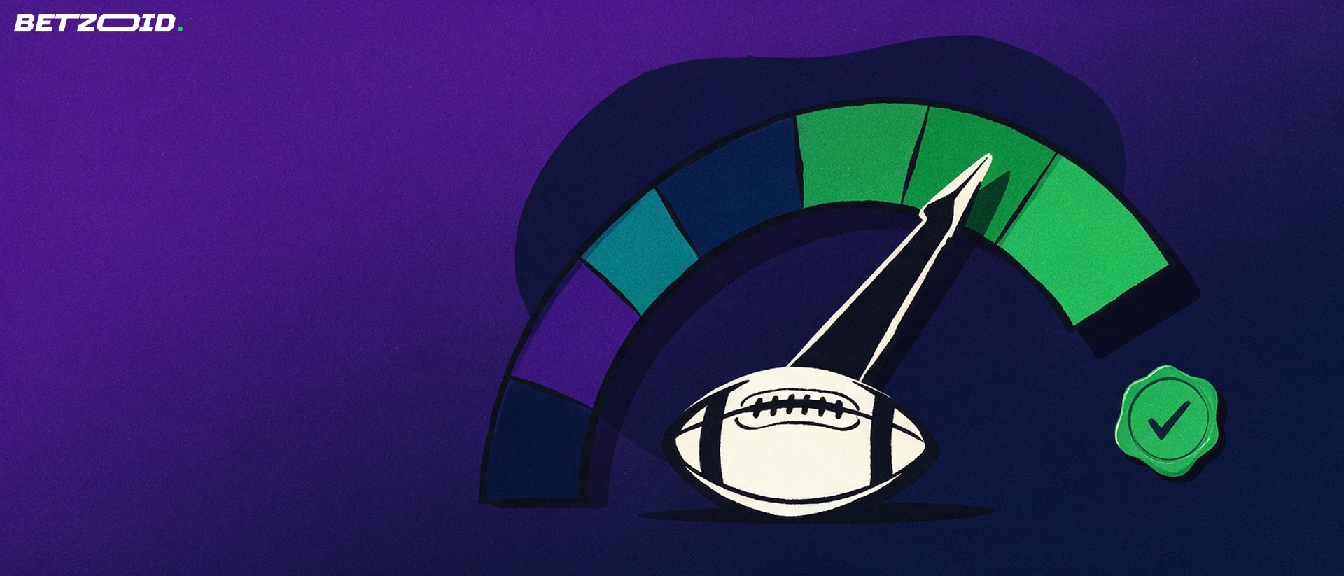 Illustrazione di un quadrante di valutazione con lancetta verso il settore verde accanto a un pallone da calcio e a un sigillo con spunta