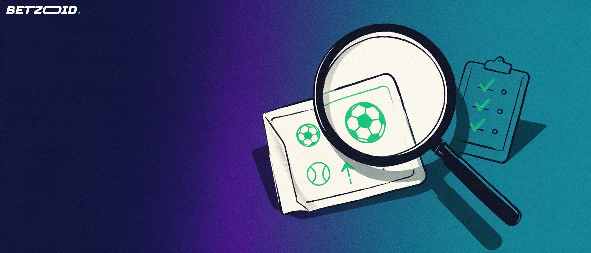 Illustrazione di una grande lente d'ingrandimento che esamina una schedina di scommesse con simboli di calcio e tennis, accanto a una lista con segni di spunta.