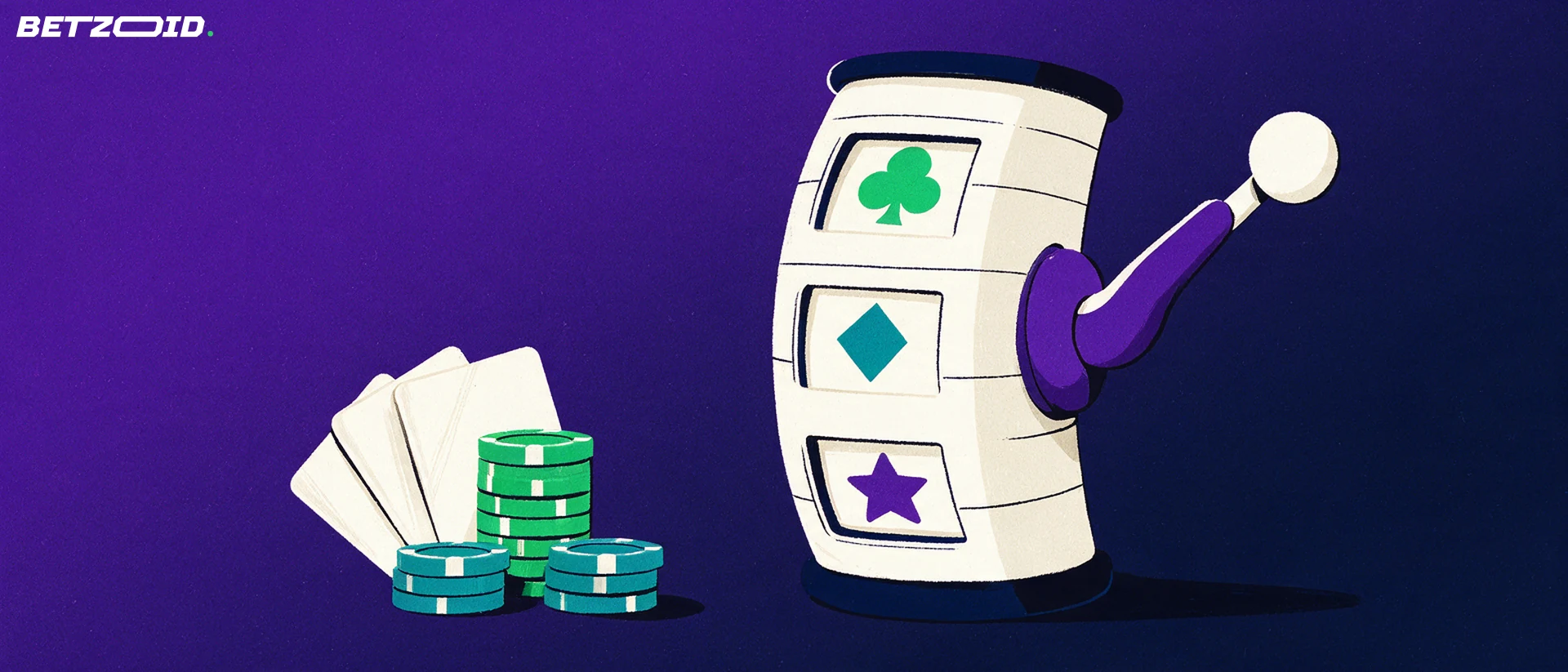 Illustrazione di un rullo di slot machine con simboli di carte, accanto a un ventaglio di carte da gioco e una pila di fiches.