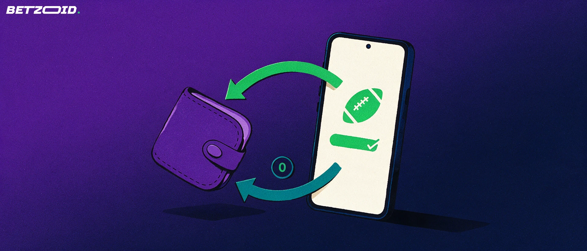 Illustration d'un smartphone affichant un ballon de football et une ligne de pari, relié par deux flèches courbes à un portefeuille.