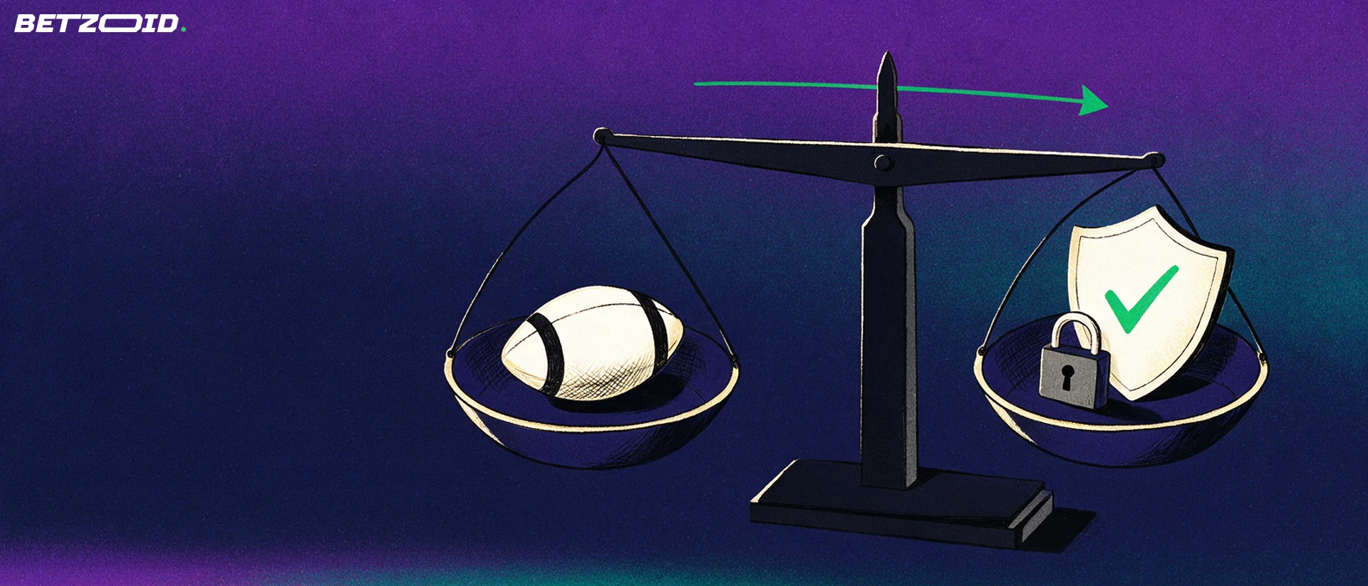 Illustrazione di una bilancia a due piatti che confronta un pallone da calcio con uno scudo dotato di segno di spunta e lucchetto.