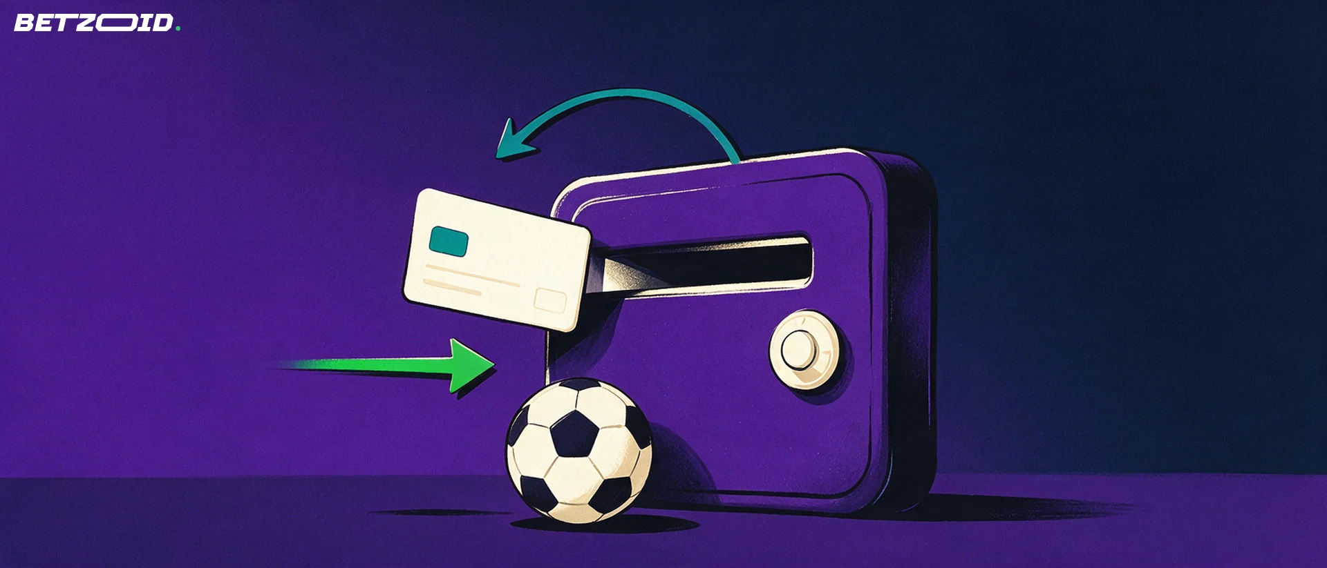 Illustration d'une carte bancaire glissée dans un portefeuille-coffre avec deux flèches de dépôt et de retrait, à côté d'un ballon de football.