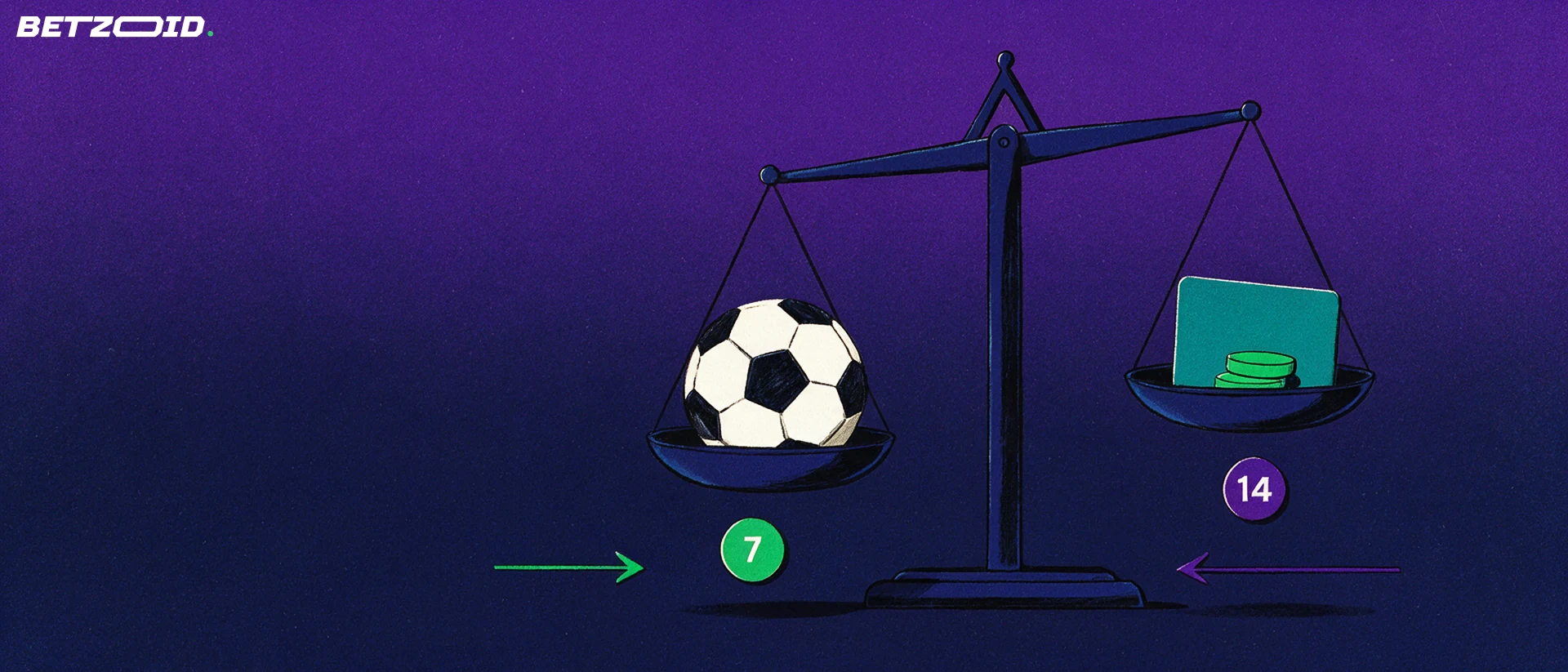 Illustration d'une balance comparant un ballon de football d'un côté et une carte bancaire avec des jetons empilés de l'autre.