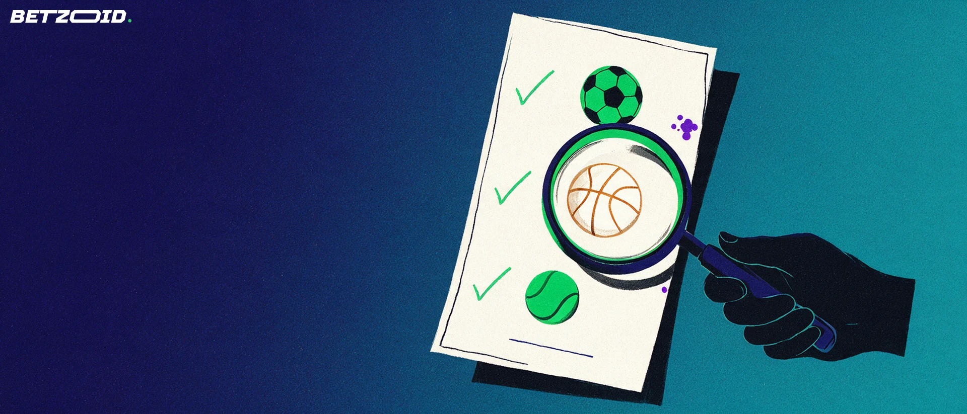 Illustrazione di una grande lente d'ingrandimento che esamina una schedina con simboli di calcio, basket e tennis e segni di spunta.