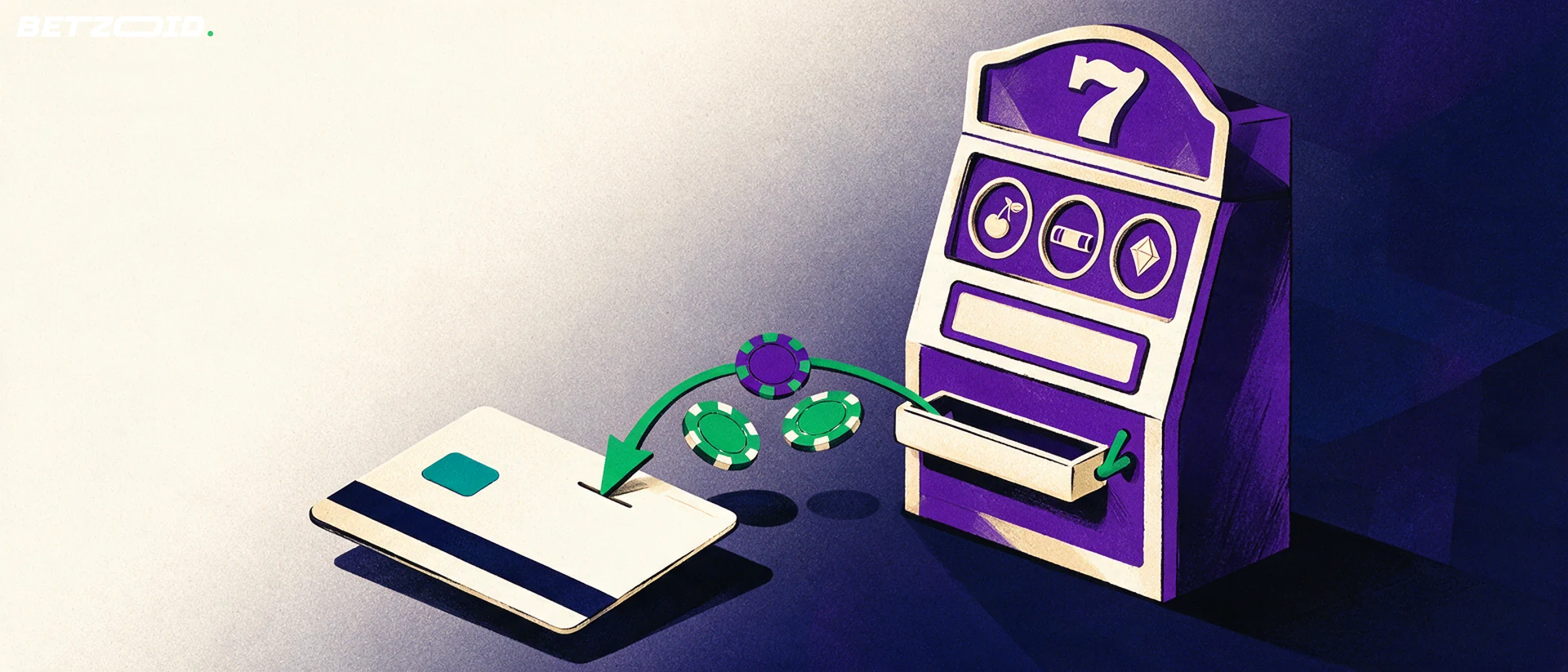 Illustration d'une machine à sous violette dont les jetons descendent le long d'une flèche verte vers une carte bancaire sans marque.
