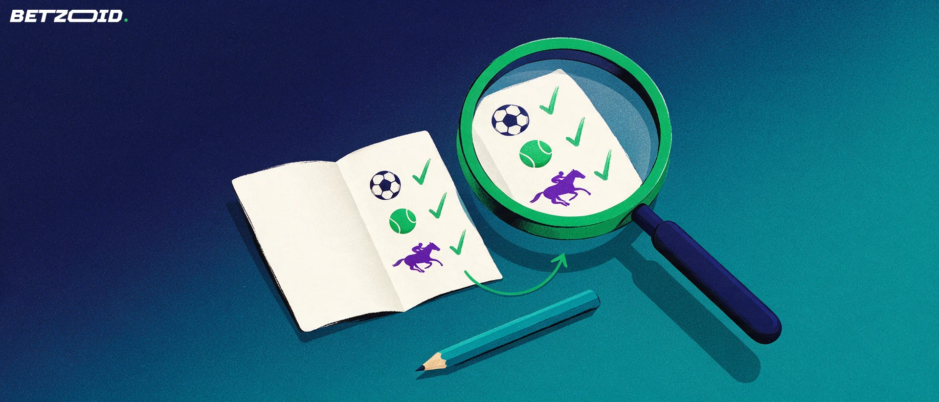 Illustration d'une loupe examinant un bulletin de paris orné de pictogrammes de football, tennis et course hippique avec des coches vertes.