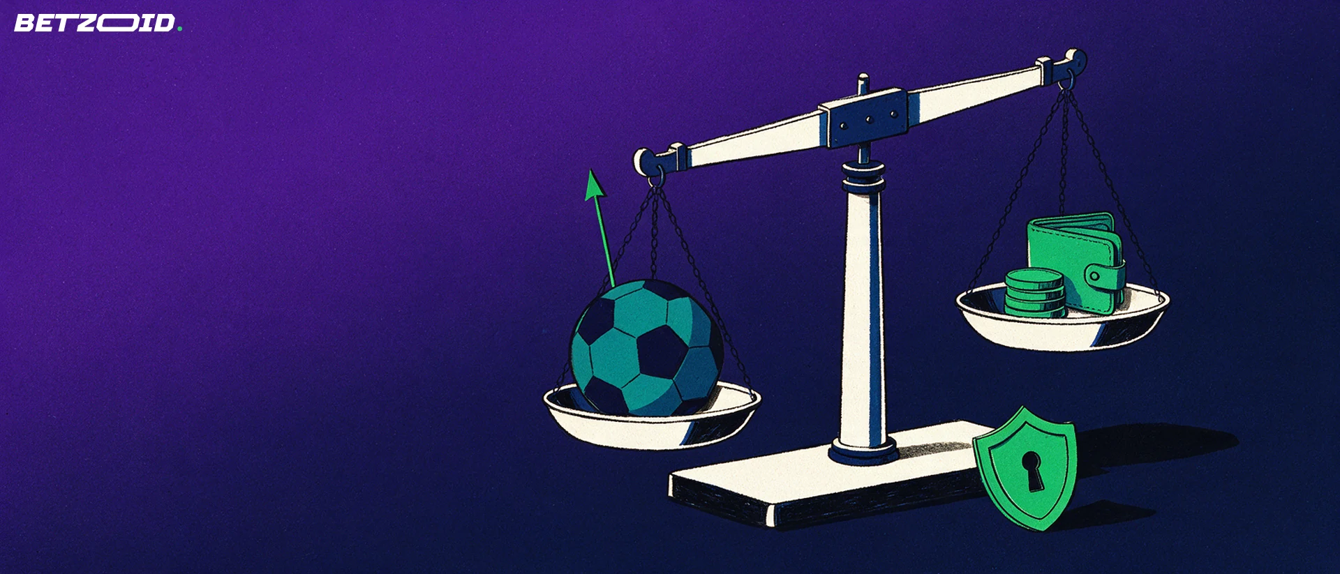 Illustration d'une balance comparant un ballon de football à des jetons monétaires et un portefeuille, avec un bouclier à serrure posé au sol.