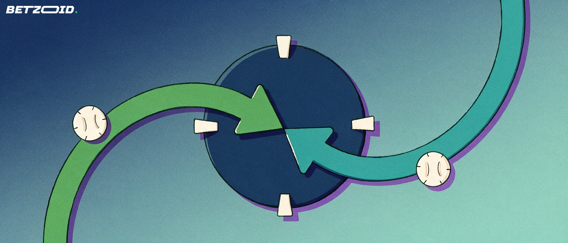 Illustration of a circular exchange hub where two opposing arrows carrying football tokens interlock at the centre.