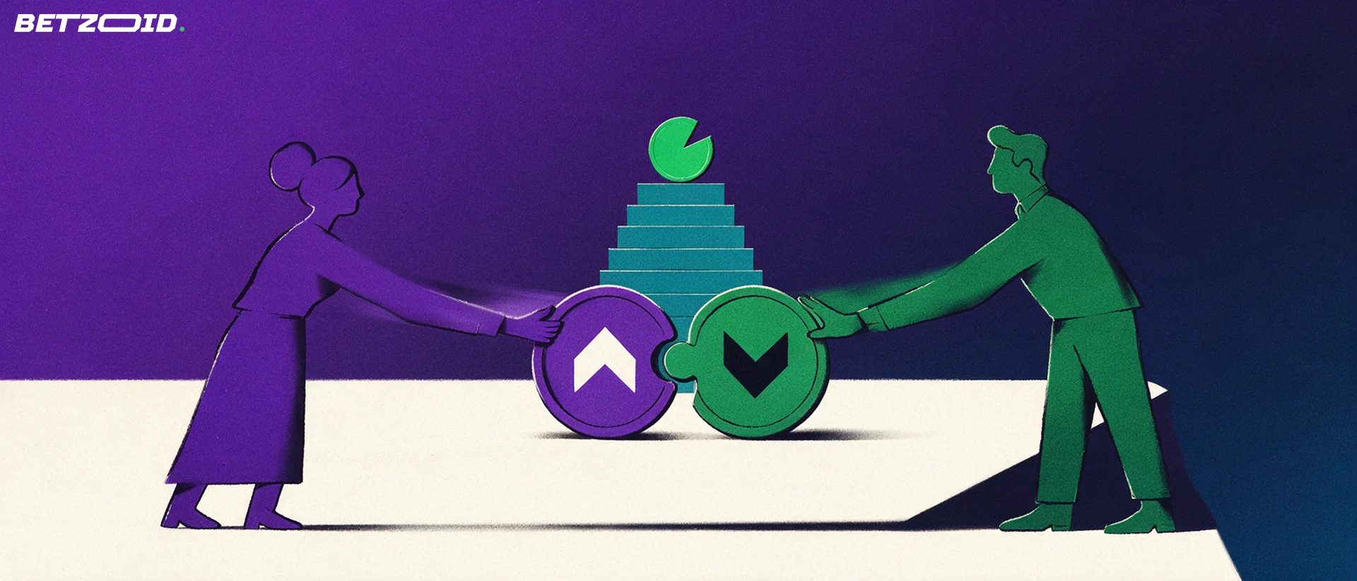 Illustration of two seated adults exchanging interlocking up and down chevron tokens across a counter beside a stacked bar column.