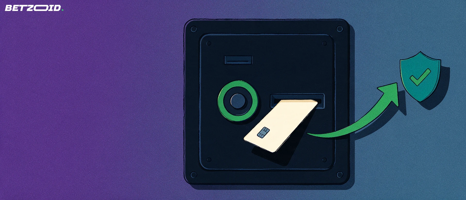 Illustrazione di una porta blindata con carta di pagamento inserita nella fessura, freccia verde in uscita e scudo con segno di spunta