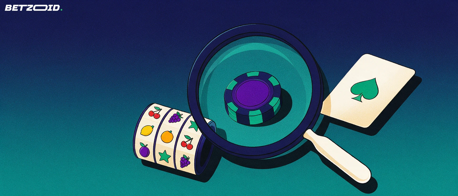 Illustration d'une loupe agrandissant un rouleau de machine à sous, un jeton et une carte à jouer, symbolisant l'examen d'un casino en ligne.