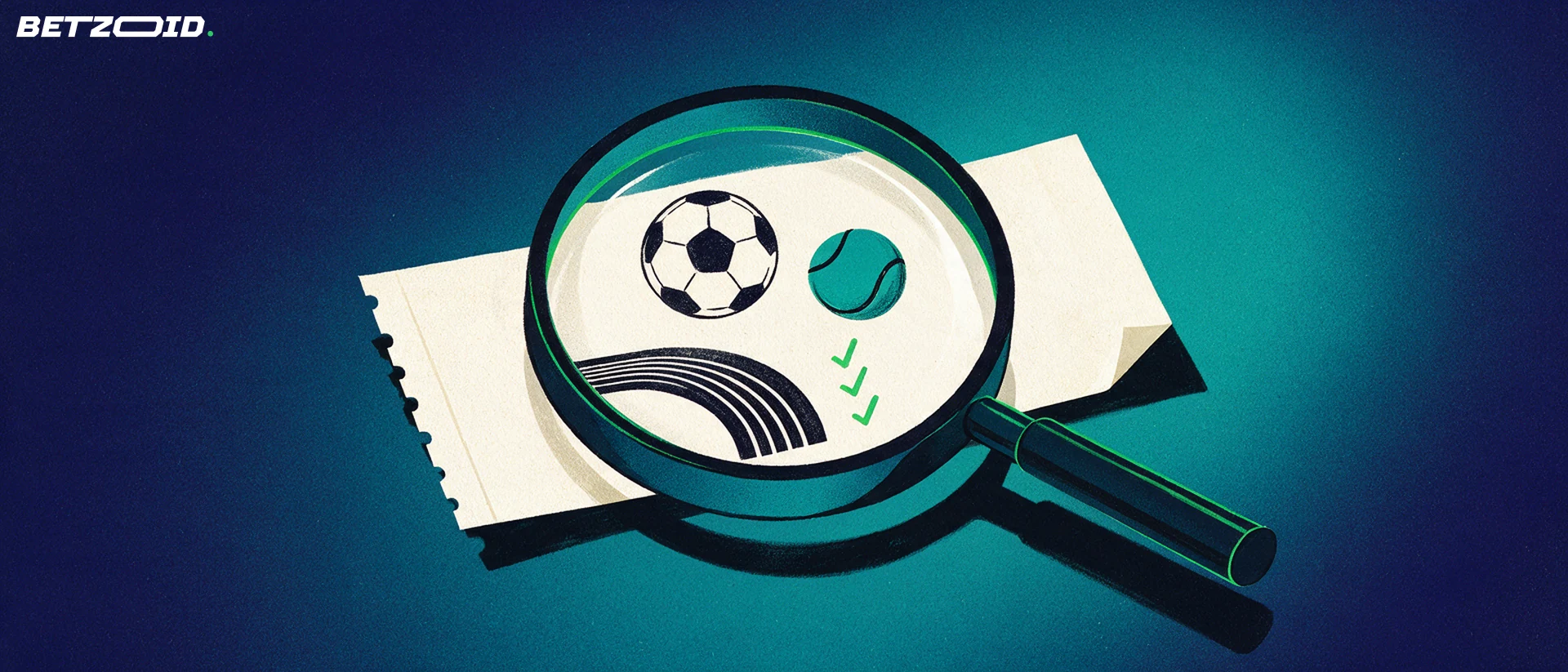 Illustration d'une grande loupe examinant un ticket de paris sportifs marqué de pictogrammes de ballon, balle de tennis et coches de validation.