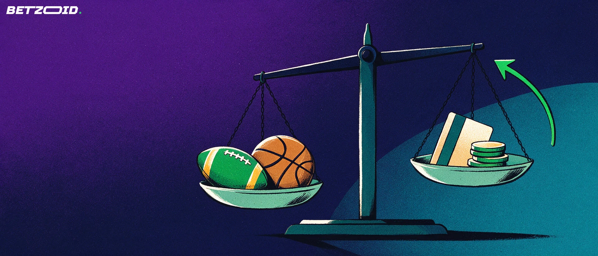 Illustration d'une balance comparant un ballon de football et un ballon de basket d'un côté, une carte de paiement et des jetons de l'autre.