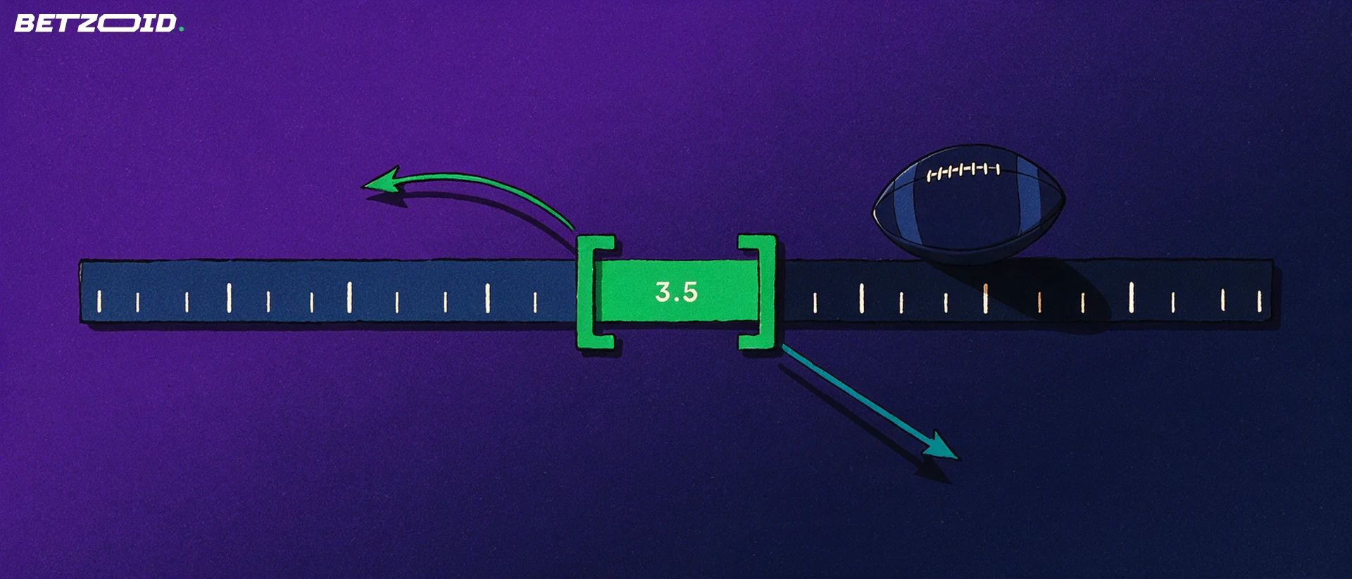 Illustration of a horizontal measuring bar with a green spread band between two markers and a football resting beyond it, with rising and falling arrows.