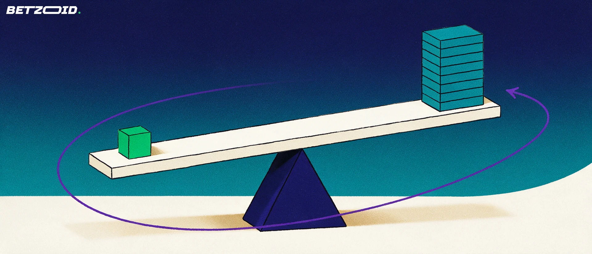 Illustration of a tilted balance beam on a fulcrum with a small green stake cube on one side and a much larger stacked block on the other, circled by a two-way arrow.