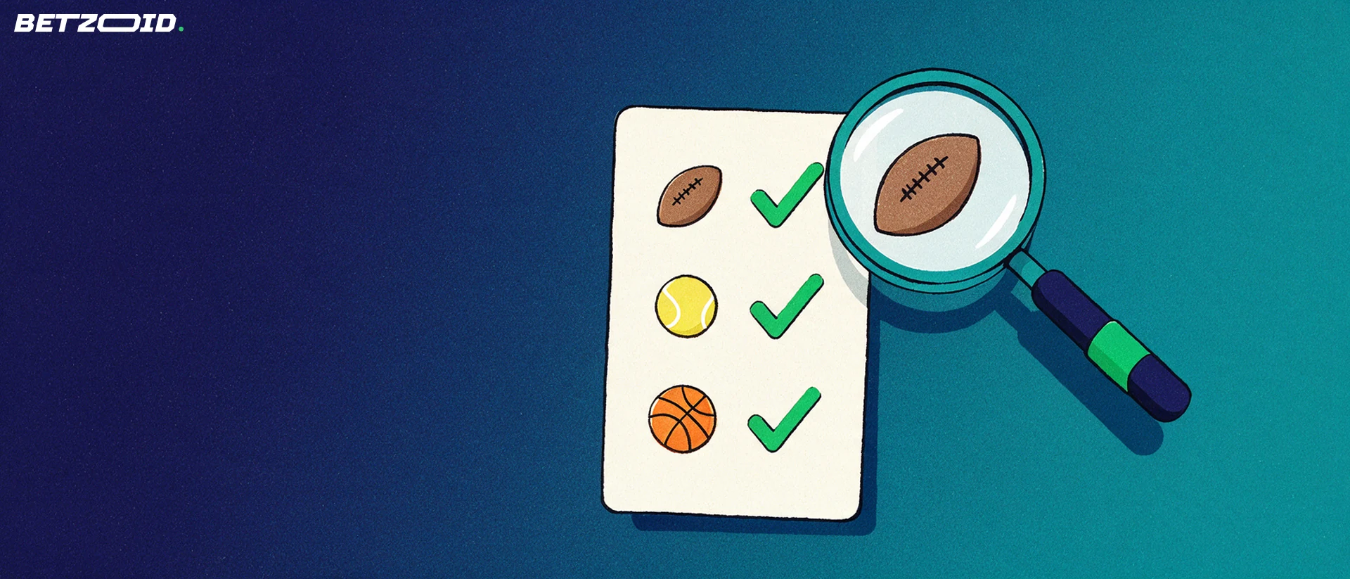 Illustration d'un bulletin de pari portant des pictogrammes de football, tennis et basket cochés, examiné à la loupe.