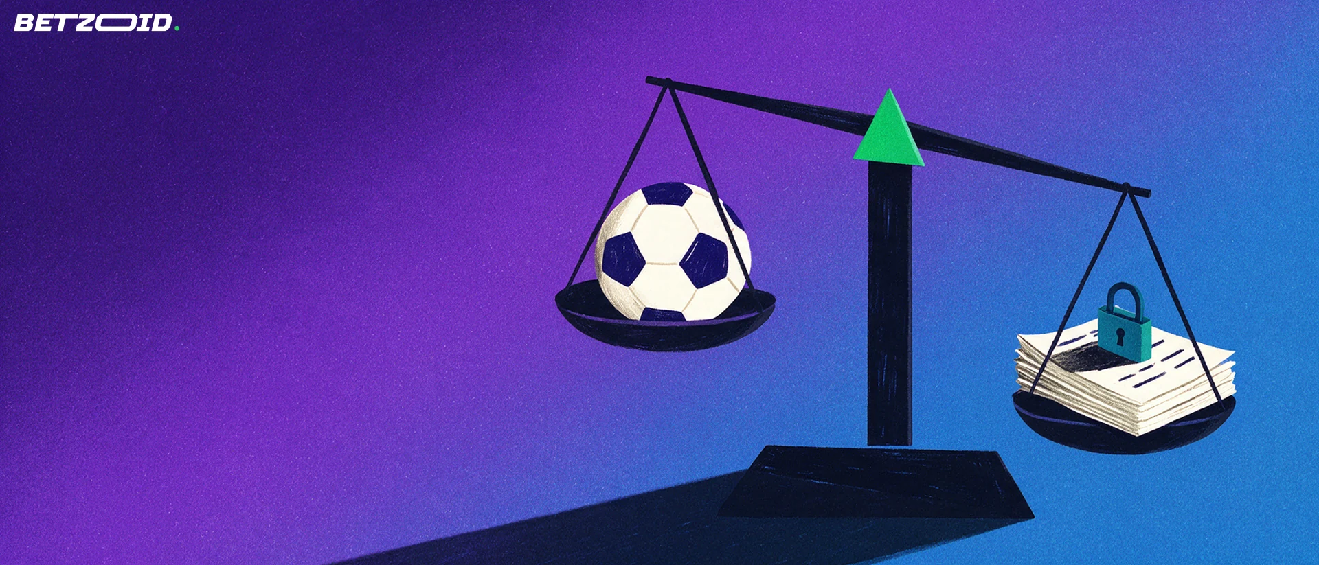 Illustration d'une balance comparant un ballon de football et une liasse de pages réglementaires fermée par un cadenas.