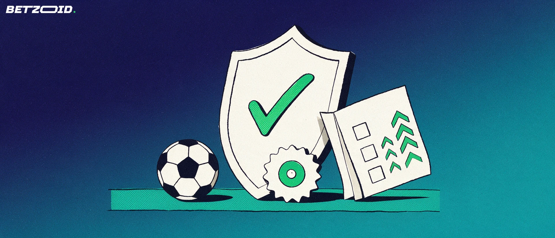 Illustrazione di uno scudo con segno di spunta e rosetta di certificazione accanto a una schedina con caselle vuote e frecce verdi in salita e un pallone da calcio stilizzato.