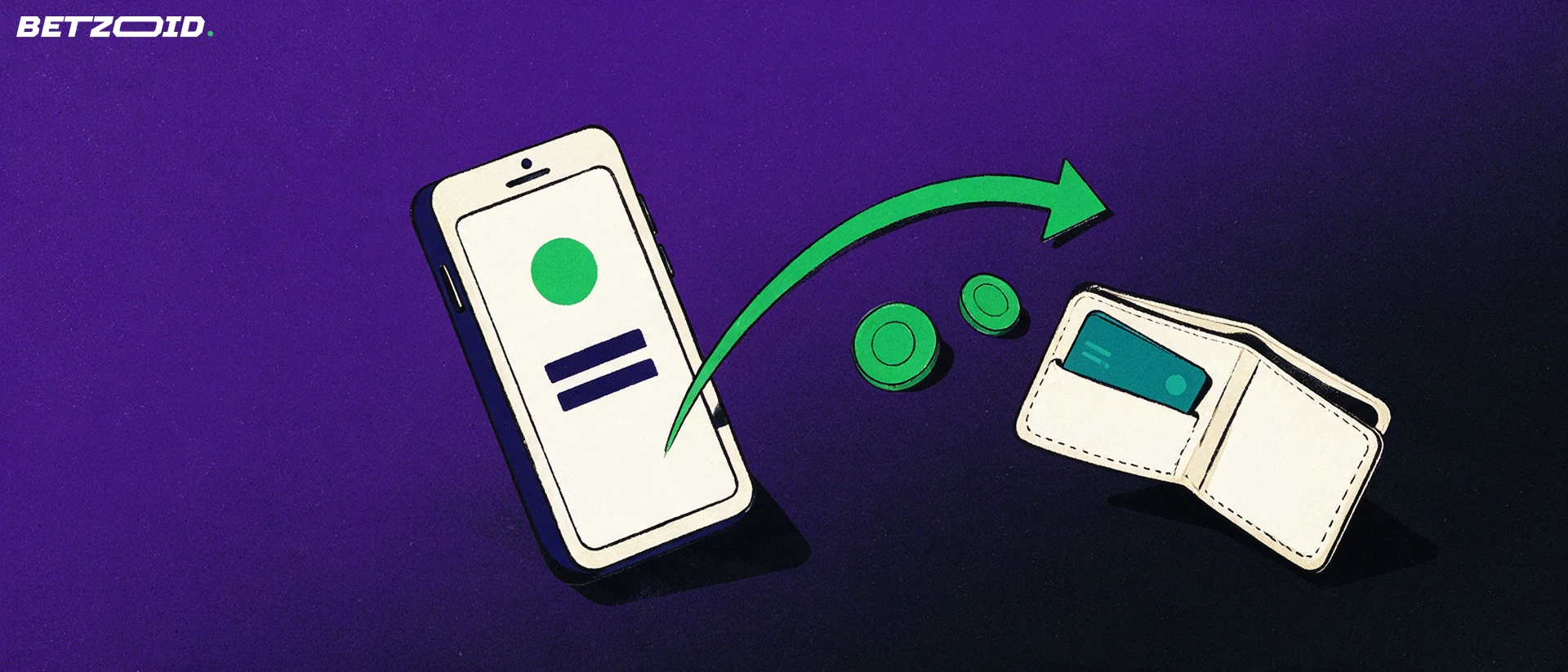 Illustrazione di uno smartphone con simbolo sportivo e una freccia verde che porta gettoni verso un portafoglio con carta