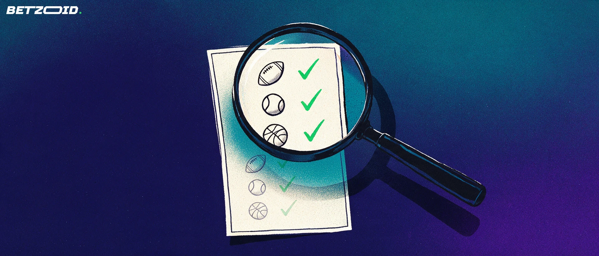 Illustration d'une loupe examinant un ticket de pari portant des symboles de football, tennis et basket avec des coches