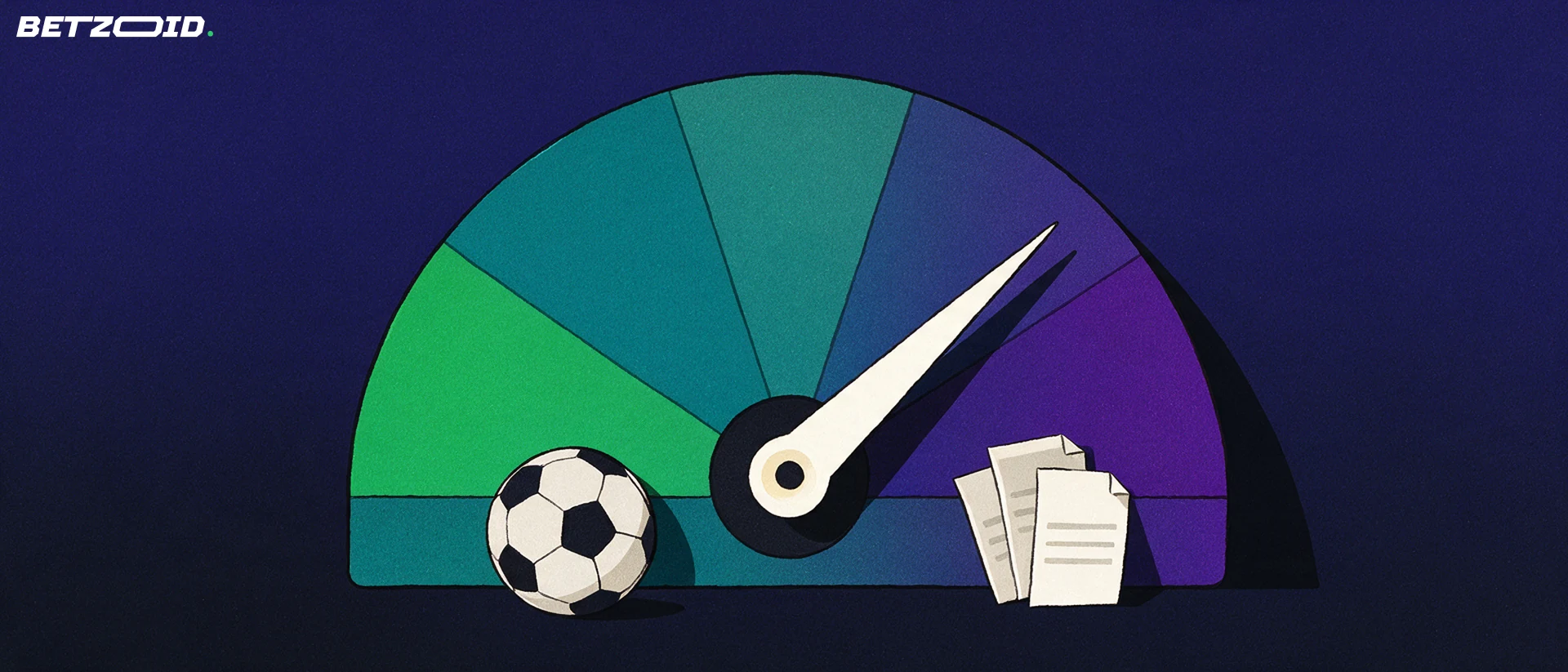 Illustration d'un cadran d'évaluation en arc de cercle dont l'aiguille pointe vers la droite, avec un ballon de football et des bulletins de pari posés à sa base.