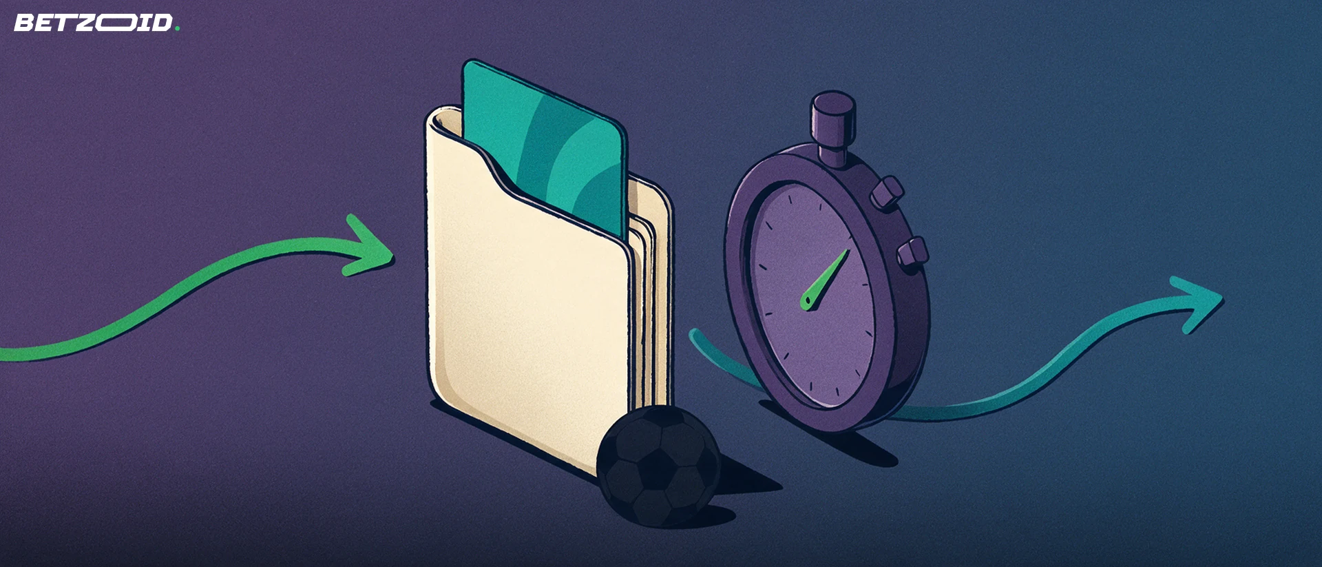 Illustration d'un portefeuille avec une carte de paiement, deux flèches d'entrée et de sortie, un chronomètre et un petit ballon de football.