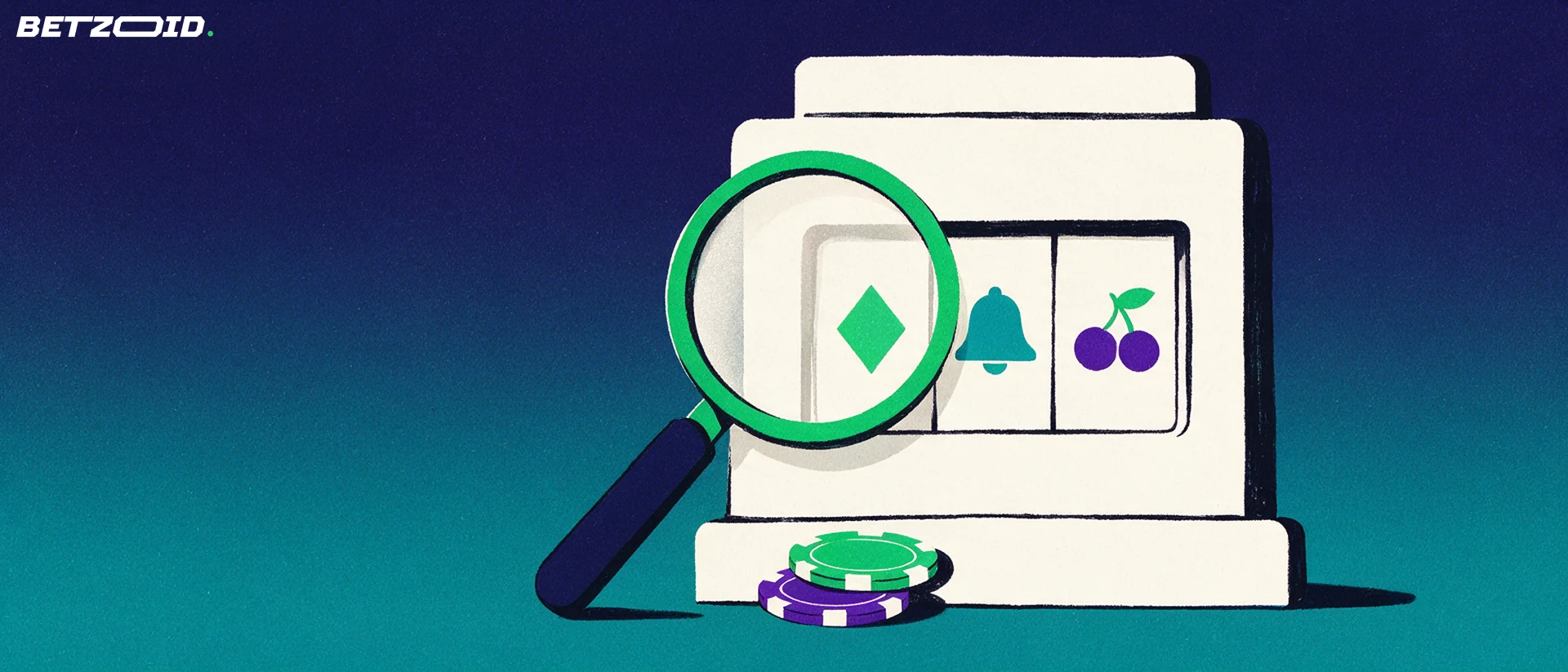 Illustration d'une loupe examinant les rouleaux d'une machine à sous, avec deux jetons de casino posés à côté.