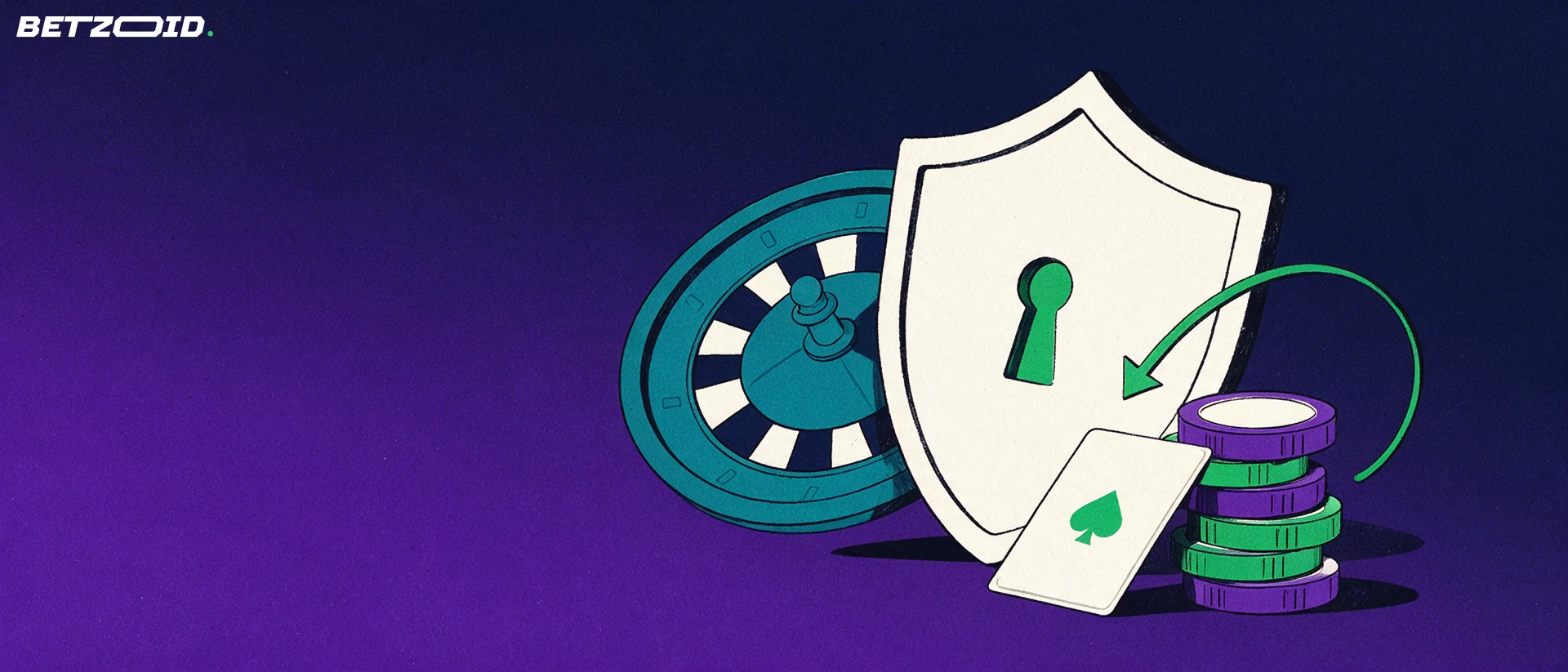 Illustration d'un bouclier avec une serrure devant une roue de roulette, accompagné d'une pile de jetons et d'une flèche courbe.