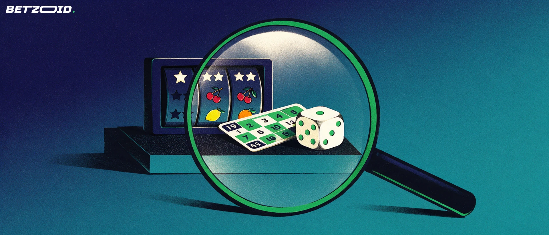Illustration d'une loupe examinant un rouleau de machine à sous, une carte à jouer et un dé sur un socle.